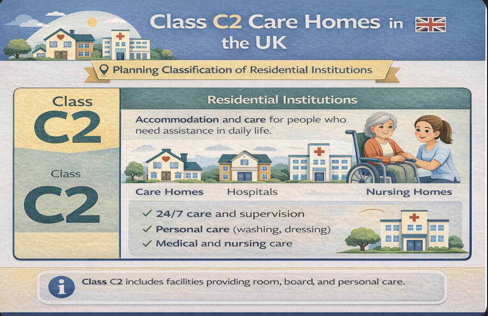 Infographic explaining the Class C2 planning classification in the UK, which includes residential institutions such as care homes, nursing homes and hospitals that provide accommodation, supervision and personal care for people who need daily support.